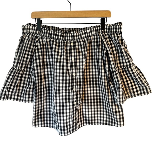 Abercrombie & Fitch Black Gingham Cotton Off the Shoulder Flowy Ruffle Top Sz S - Picture 2 of 5